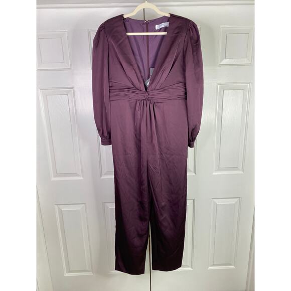 NWT Mac Duggal FRONT TWIST PUFF SLEEVE DEEP V JUMPSUIT, Size 12, Plum, #2647 - Picture 3 of 8